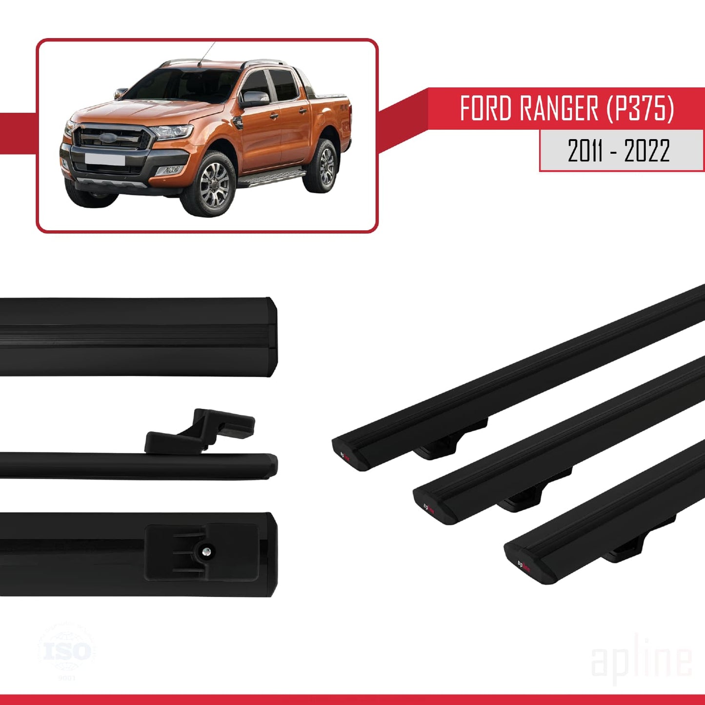 Compatible avec Ford Ranger (P375) 2011-2022 BASIC Model Barres de Toit Railing Porte-Bagages de Voiture Noir Aluminium 3 Barres
