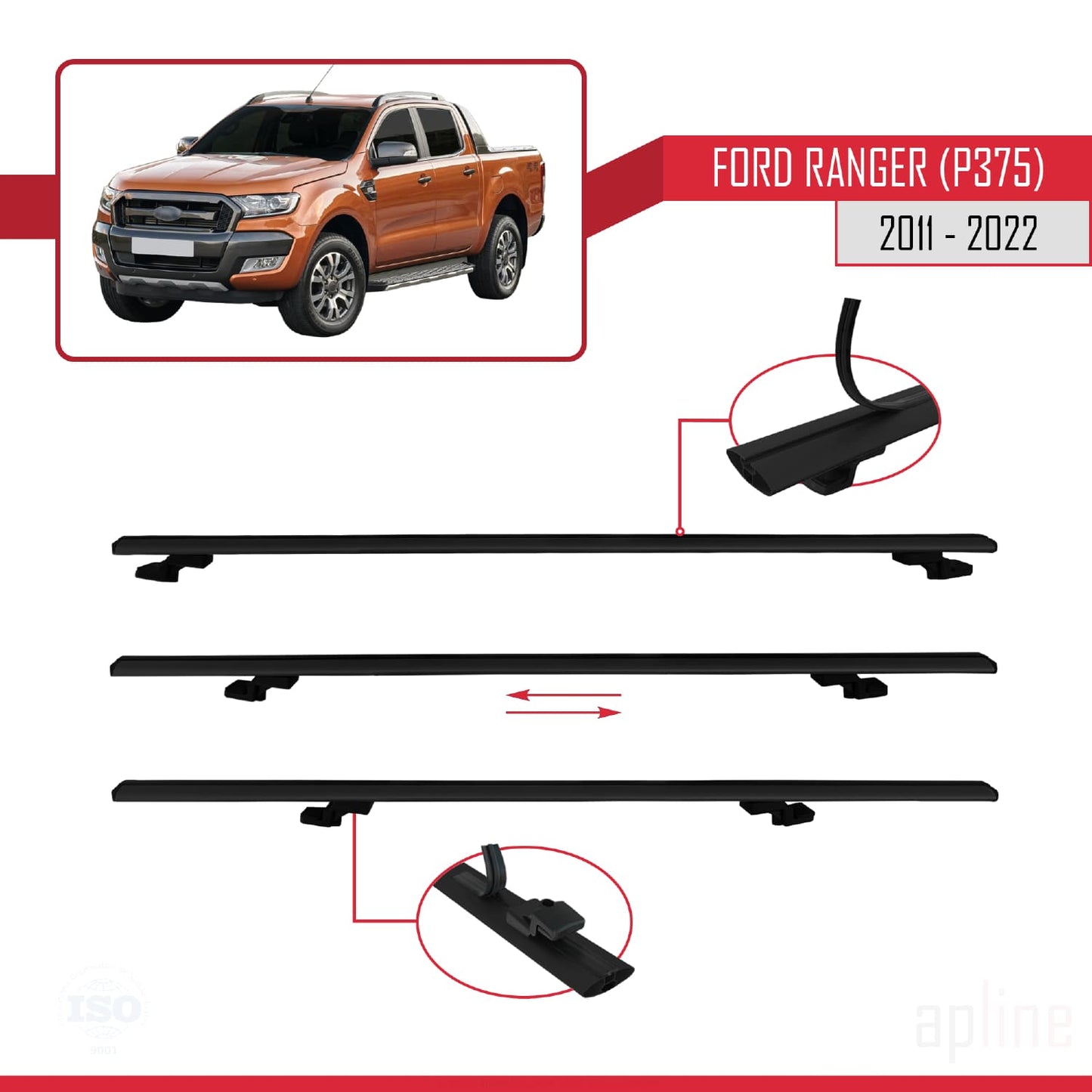Compatible avec Ford Ranger (P375) 2011-2022 BASIC Model Barres de Toit Railing Porte-Bagages de Voiture Noir Aluminium 3 Barres