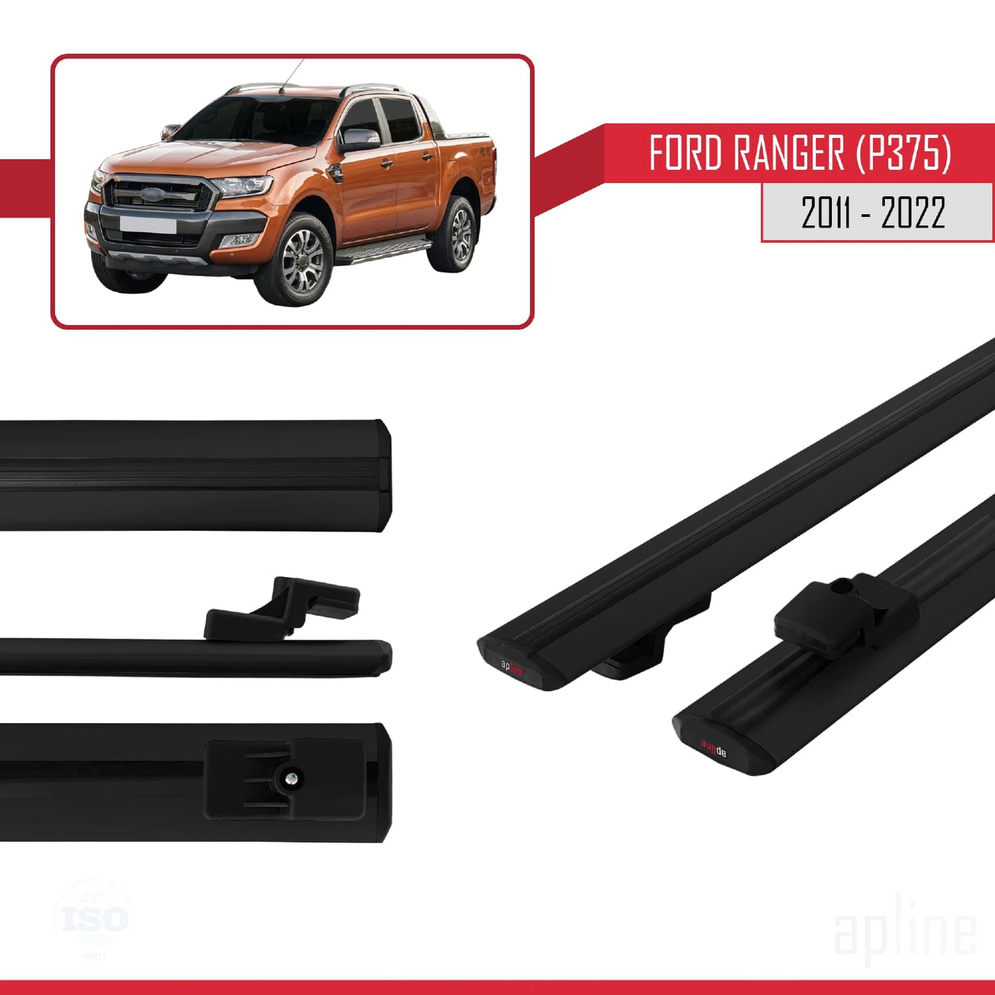 Compatible avec Ford Ranger (P375) 2011-2022 BASIC Model Barres de Toit Railing Porte-Bagages de Voiture Noir Aluminium 2 Barres