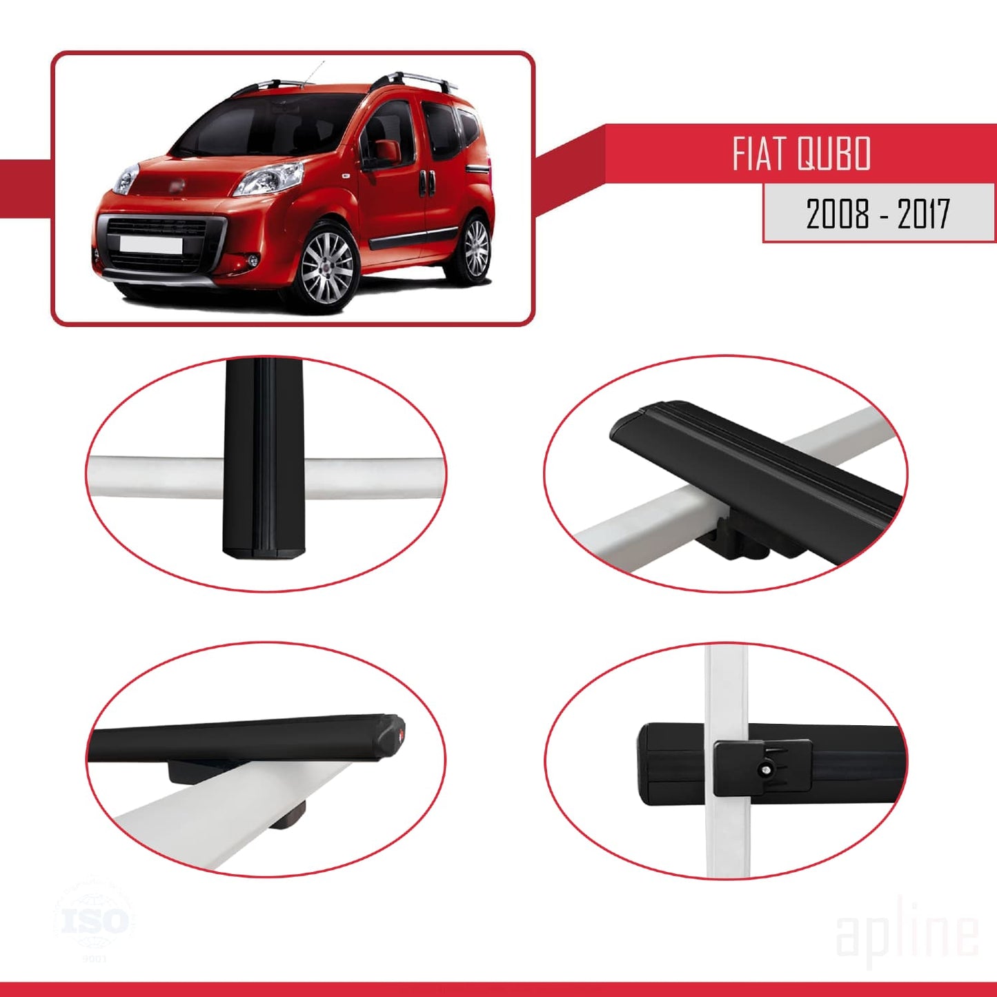 Compatible avec Fiat Qubo 2008-2017 BASIC Model Barres de Toit Railing Porte-Bagages de Voiture Noir Aluminium 4 Barres