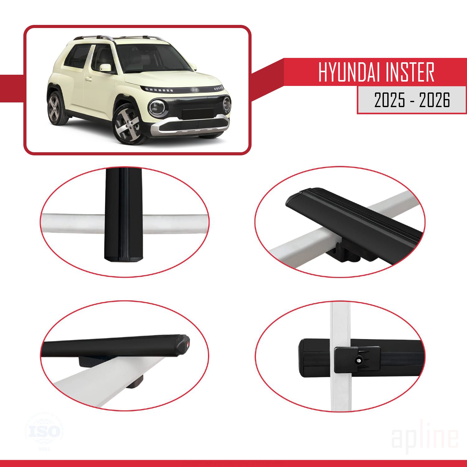 Compatible avec Hyundai Inster 2025-2026 BASIC Model Barres de Toit Railing Porte-Bagages de Voiture Noir Aluminium 3 Barres