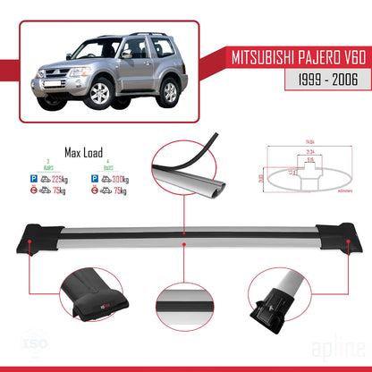 Compatible avec Mitsubishi Pajero (V60) 3 Kapı 1999-2006 FLY Model Barres de Toit Railing Porte-Bagages de Voiture Gris Aluminium 3 Barres