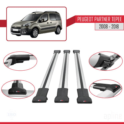 Compatible avec Peugeot Partner 2 Tepee 2008-2018 FLY Model Barres de Toit Railing Porte-Bagages de Voiture Gris Aluminium 3 Barres