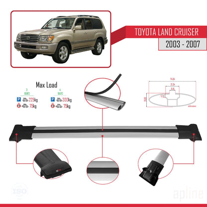 Compatible avec Toyota Land Cruiser (J100) 2003-2007 FLY Model Barres de Toit Railing Porte-Bagages de Voiture Gris Aluminium 3 Barres
