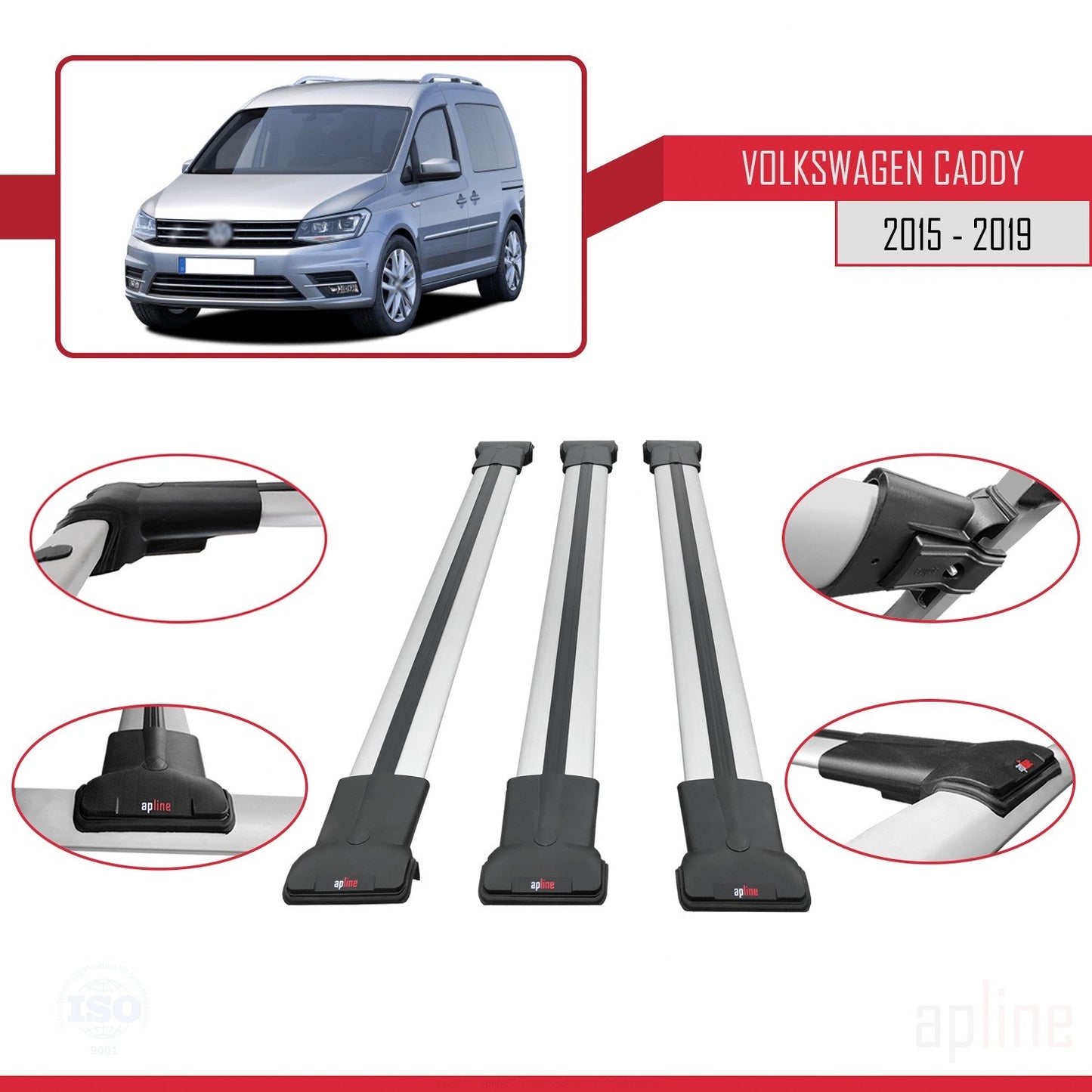 Compatible avec Volkswagen Caddy 3 (SA) 2015-2019 FLY Model Barres de Toit Railing Porte-Bagages de Voiture Gris Aluminium 3 Barres
