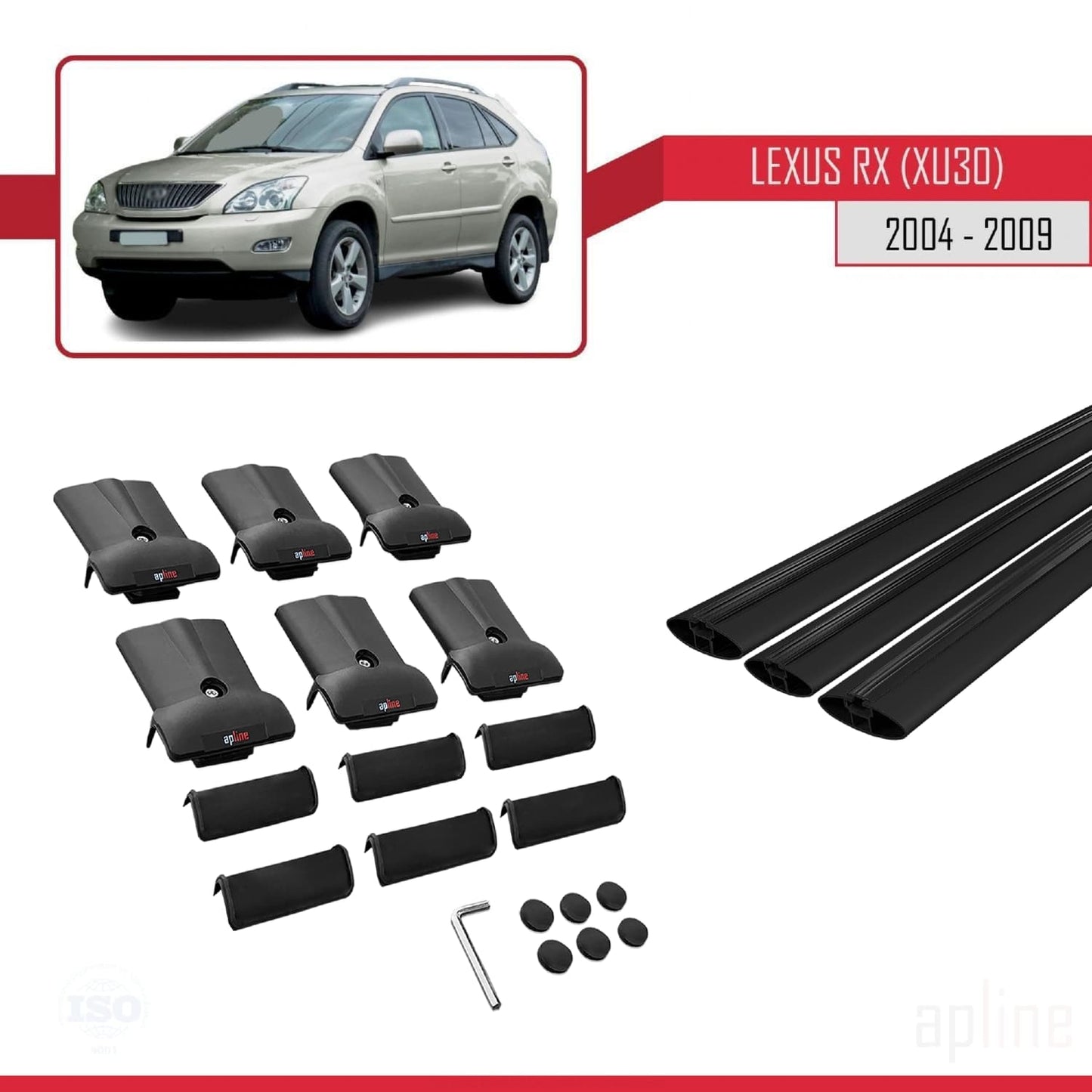 Compatible avec Lexus RX 2 (XU30) 2004-2009 FLY Model Barres de Toit Railing Porte-Bagages de Voiture Noir Aluminium 3 Barres
