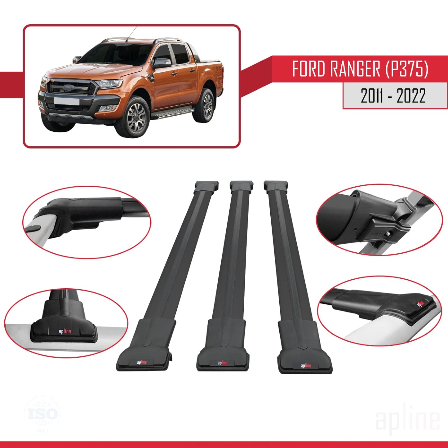 Compatible avec Ford Ranger (P375) 2011-2022 FLY Model Barres de Toit Railing Porte-Bagages de Voiture Noir Aluminium 3 Barres