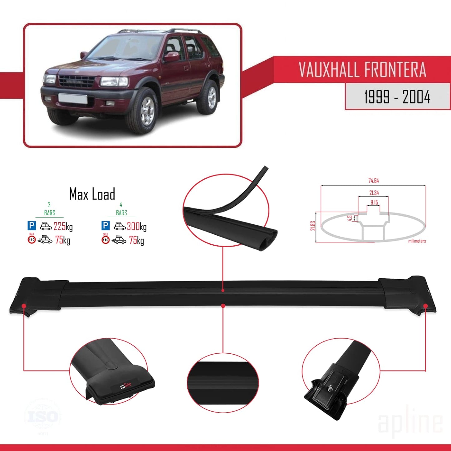 Compatible avec Vauxhall Frontera 2 1999-2004 FLY Model Barres de Toit Railing Porte-Bagages de Voiture Noir Aluminium 3 Barres