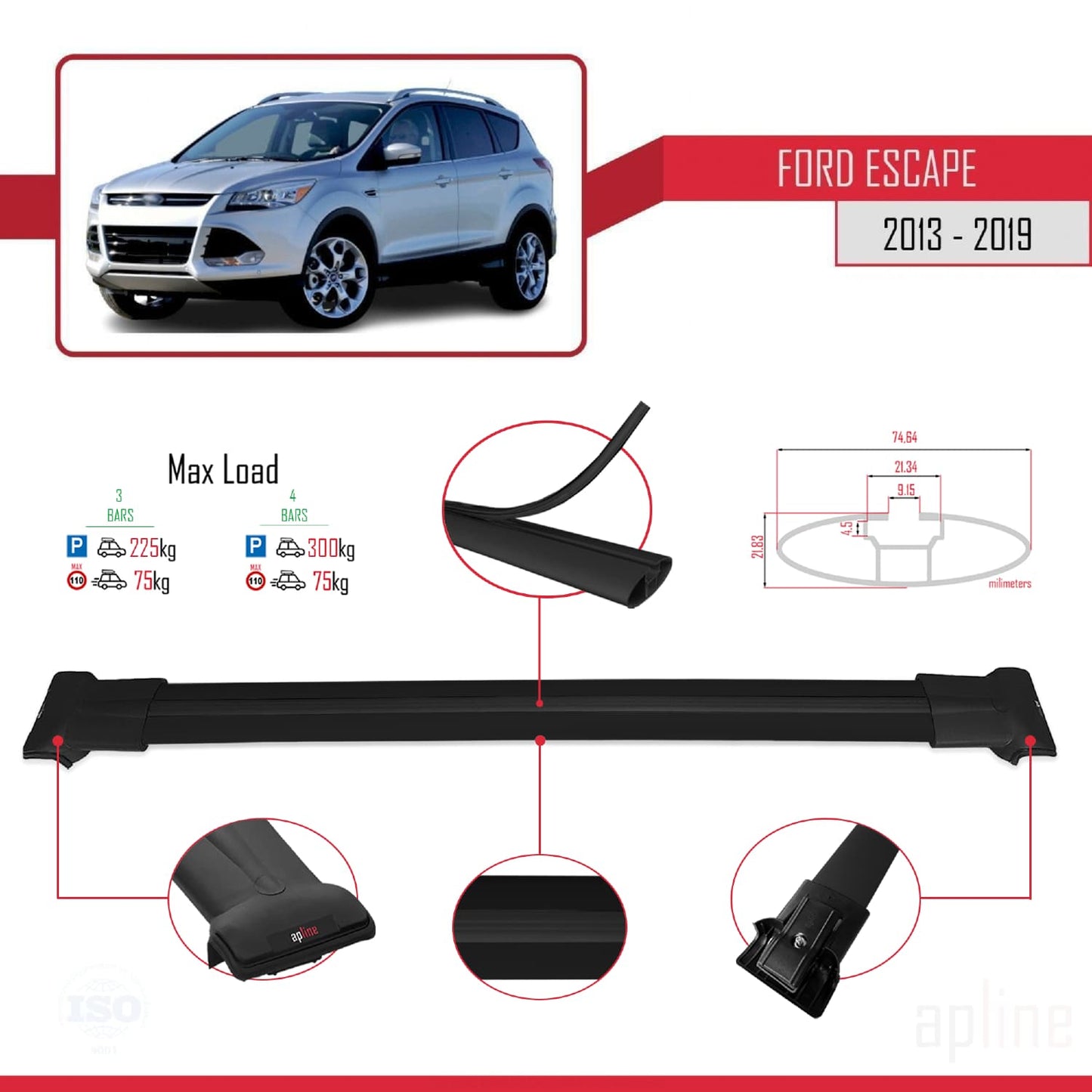 Compatible avec Ford Escape 3 2013-2019 FLY Model Barres de Toit Railing Porte-Bagages de Voiture Noir Aluminium 3 Barres
