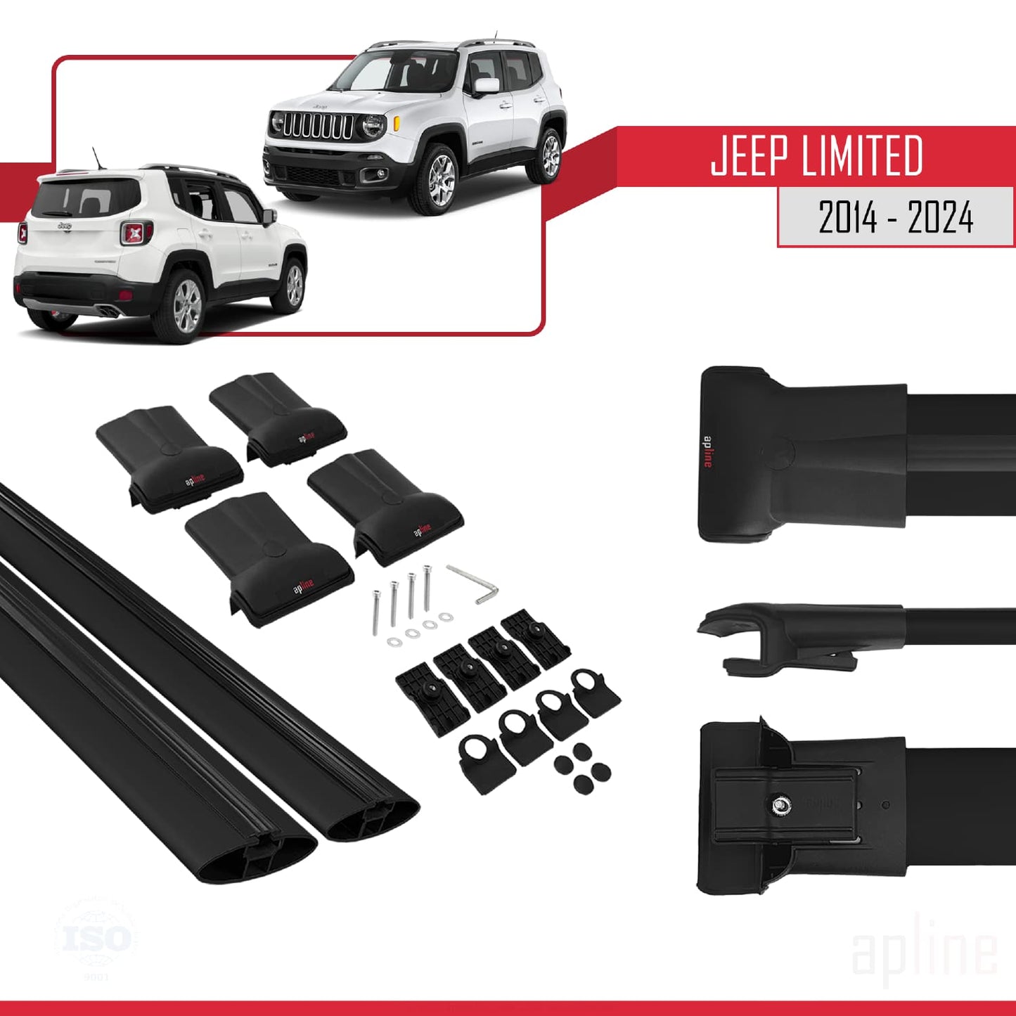 Compatible avec Jeep Limited 2014-2025 FLY Model Barres de Toit Railing Porte-Bagages de Voiture Noir Aluminium 2 Barres