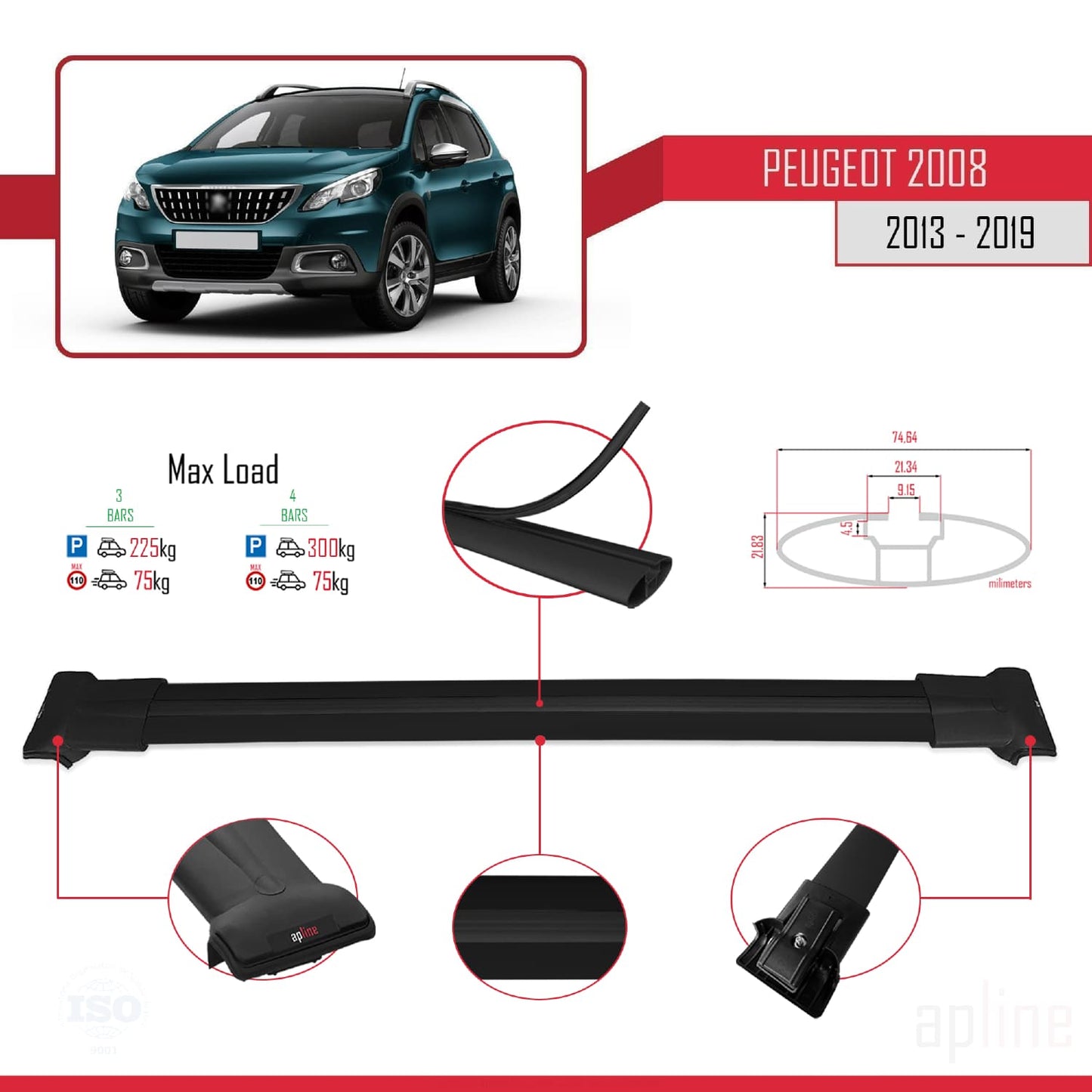 Compatible avec Peugeot 2008 (A94) 2013-2019 FLY Model Barres de Toit Railing Porte-Bagages de Voiture Noir Aluminium 3 Barres