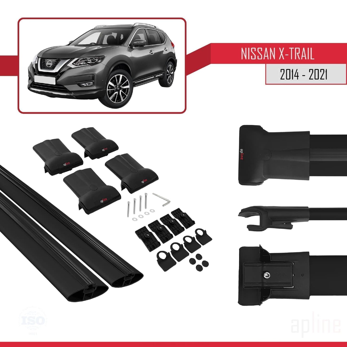 Compatible avec Nissan X-Trail 3 (T32) 2014-2021 FLY Model Barres de Toit Railing Porte-Bagages de Voiture Noir Aluminium 2 Barres