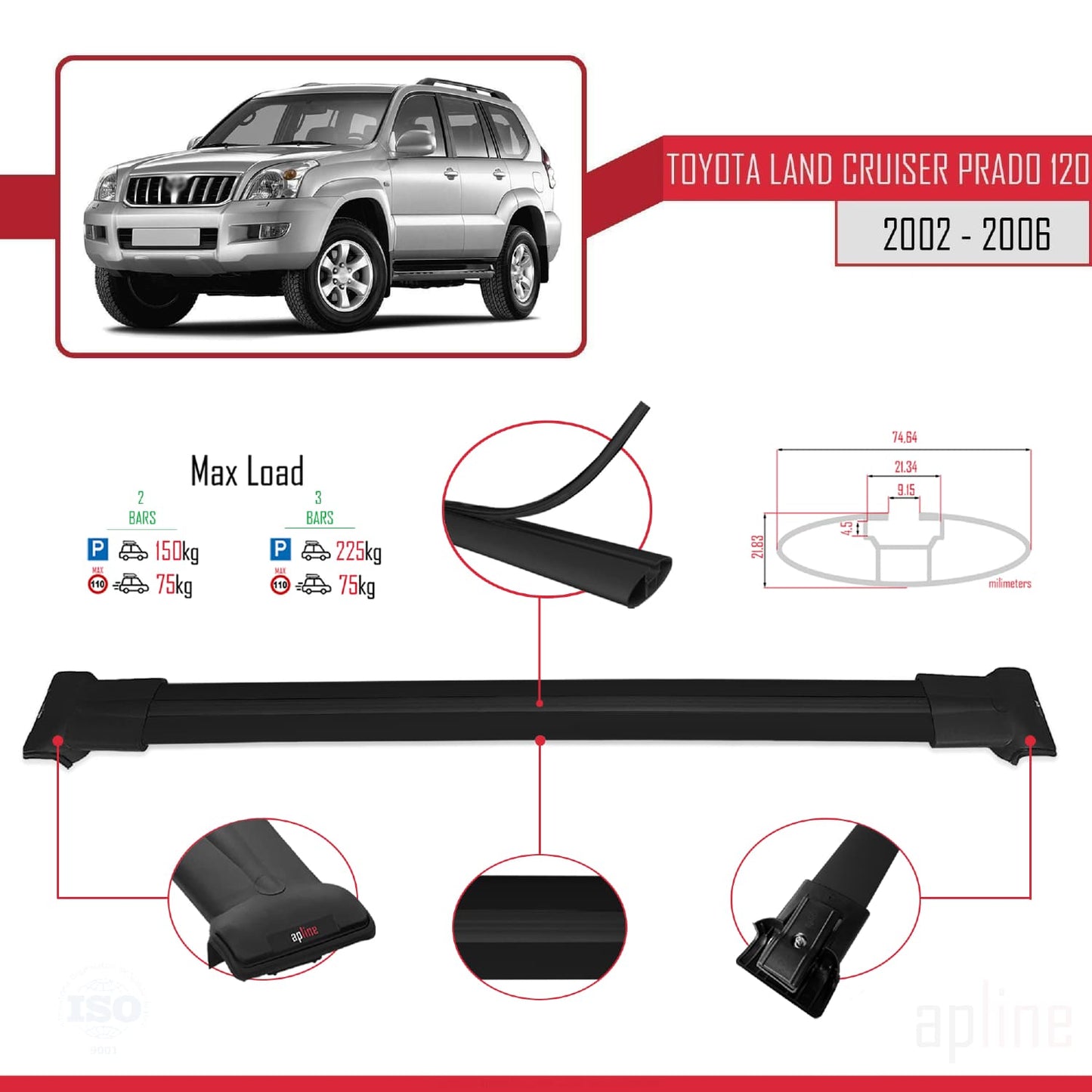 Compatible avec Toyota Land Cruiser Prado (J120) 2002-2006 FLY Model Barres de Toit Railing Porte-Bagages de Voiture Noir Aluminium 2 Barres