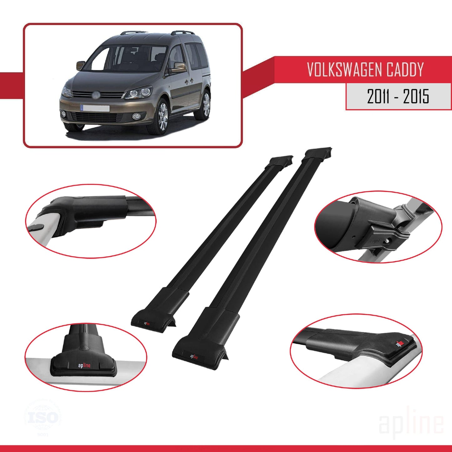 Compatible avec Volkswagen Caddy 3 (2K) 2011-2015 FLY Model Barres de Toit Railing Porte-Bagages de Voiture Noir Aluminium 2 Barres