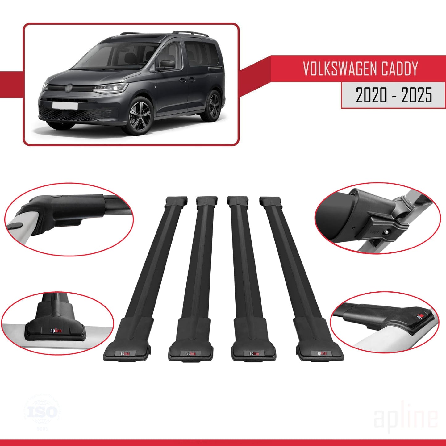 Compatible avec Volkswagen Caddy 4 (SB) 2020-2025 FLY Model Barres de Toit Railing Porte-Bagages de Voiture Noir Aluminium 4 Barres