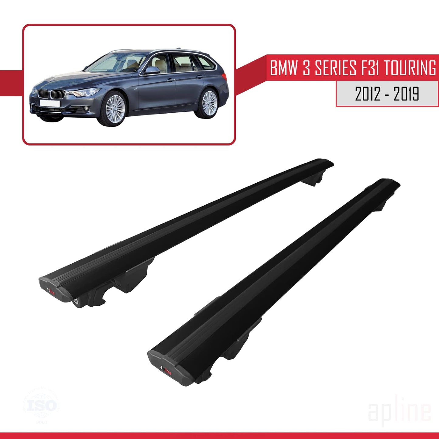 Compatible avec BMW Série 3 (F31) Touring 2012-2019 HOOK Model Barres de Toit Railing Porte-Bagages de Voiture Noir Aluminium 2 Barres