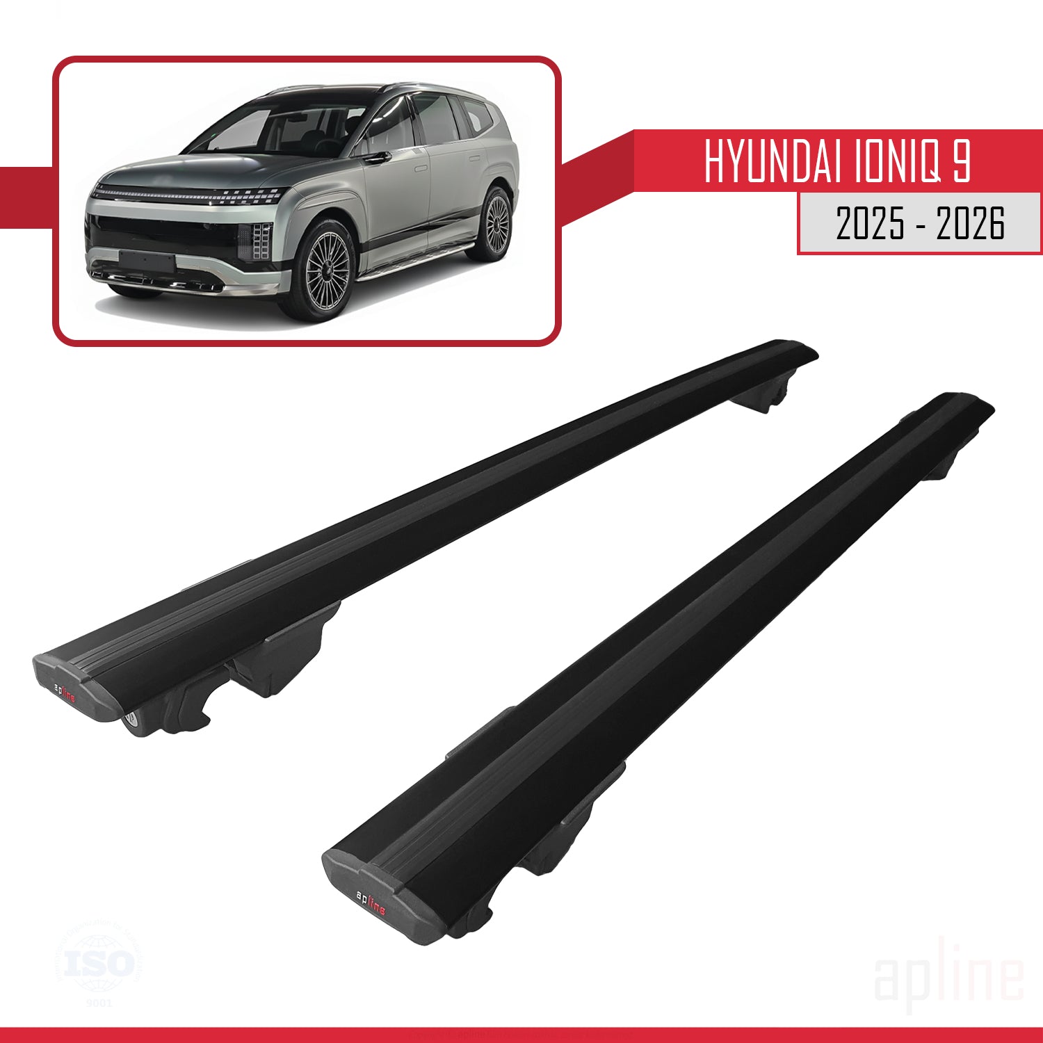 Compatible avec Hyundai Ioniq 9 2025-2026 HOOK Model Barres de Toit Railing Porte-Bagages de Voiture Noir Aluminium 2 Barres